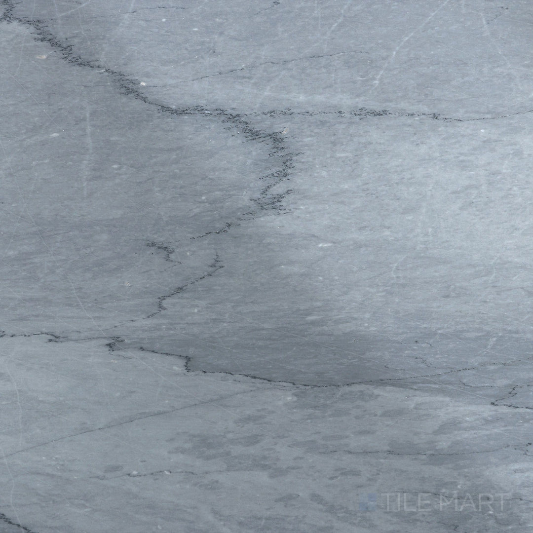 Top-down view of Bardiglio Imperiale bluish grey 18x18 polished marble tile featuring a rich grey tone with a smooth glossy surface