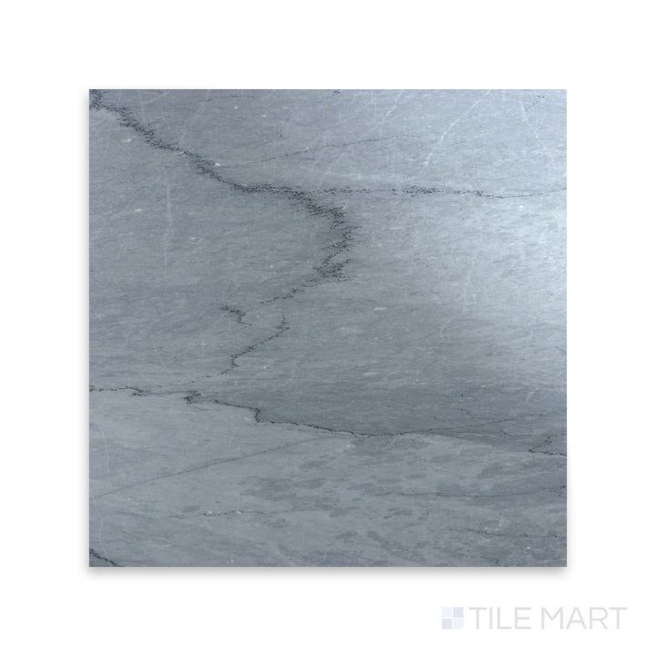Full view from above of Bardiglio Imperiale bluish grey 18x18 polished marble tile featuring rich grey tones and a smooth glossy finish