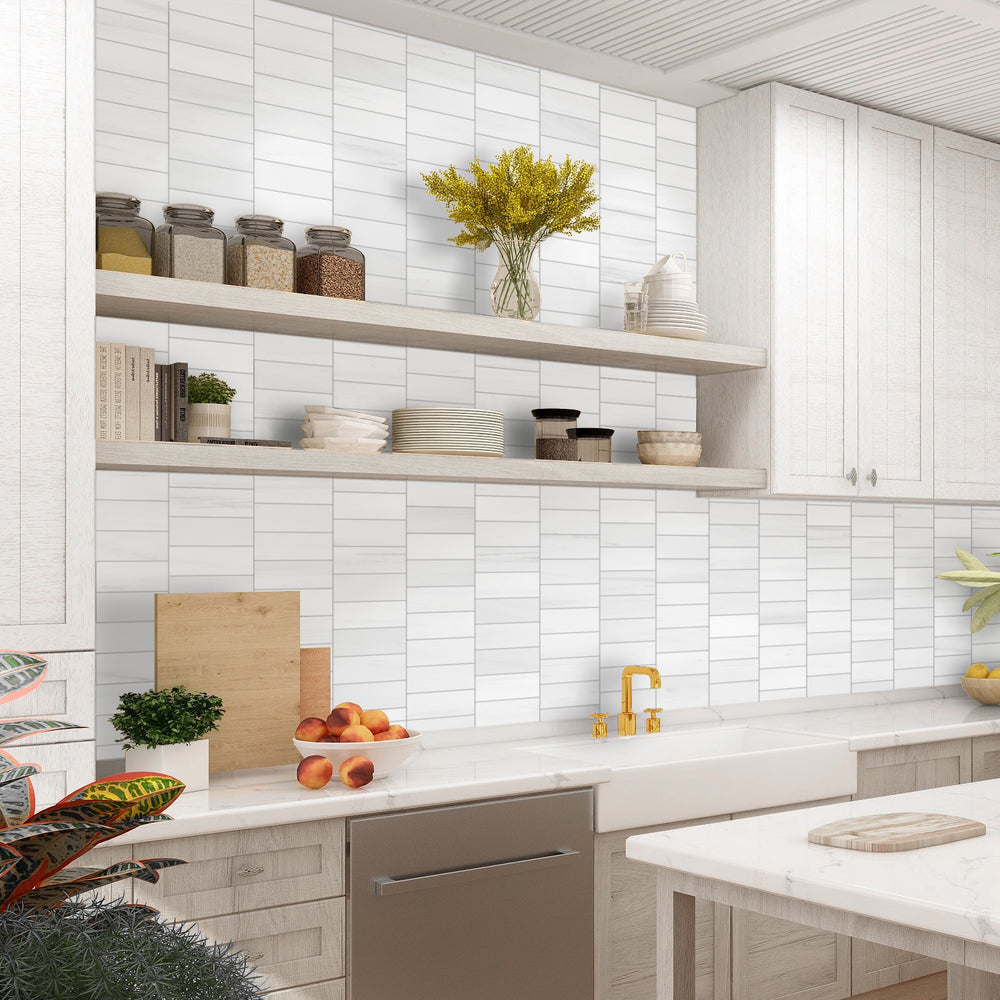 Polished Bianco Dolomite marble 4x12 tile showcased in an elevated interior with elegant stone movement