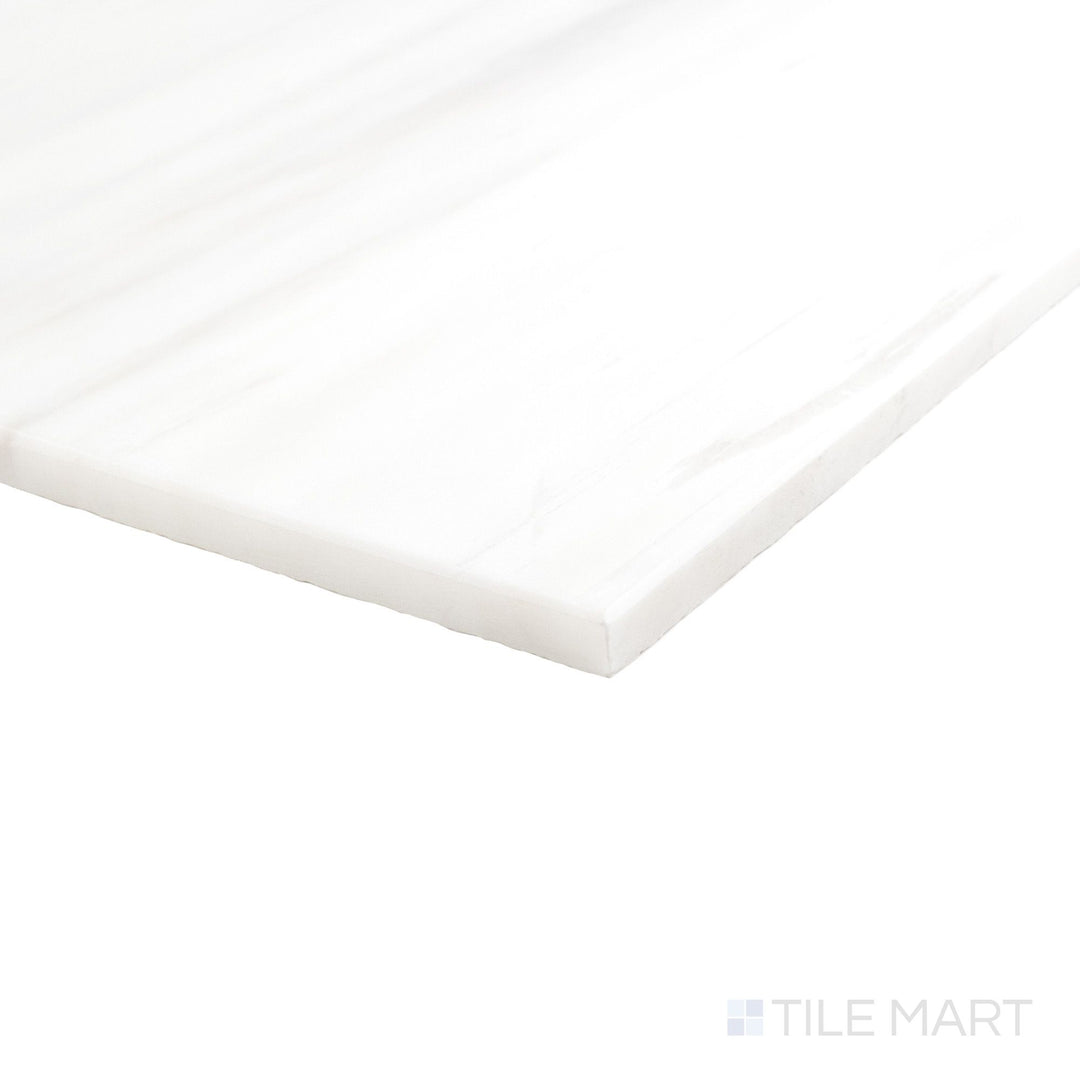 Polished Bianco Dolomite marble 6x12 tile in corner view with luminous finish and refined stone character