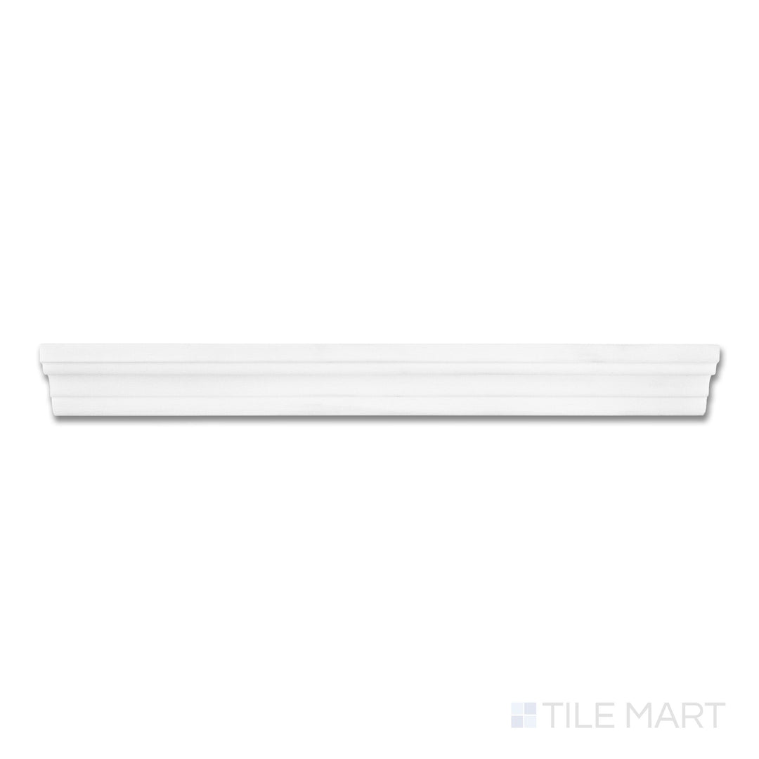 Top-down view of Bianco Dolomite Marble 2x12 Polished grand chair rail, showcasing a softly contoured edge with a smooth white marble surface and subtle grey veining.