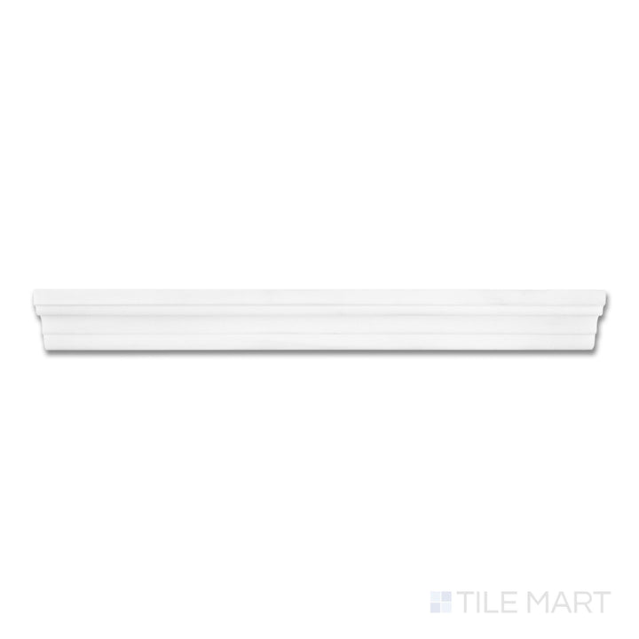 Top-down view of Bianco Dolomite Marble 2x12 Polished grand chair rail, showcasing a softly contoured edge with a smooth white marble surface and subtle grey veining.