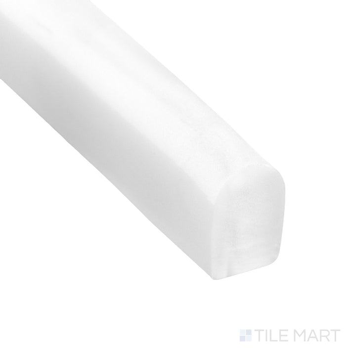 Corner close-up of Bianco Dolomite Marble 0.5x12 honed mini liner showing fine edge detail and matte white finish.
