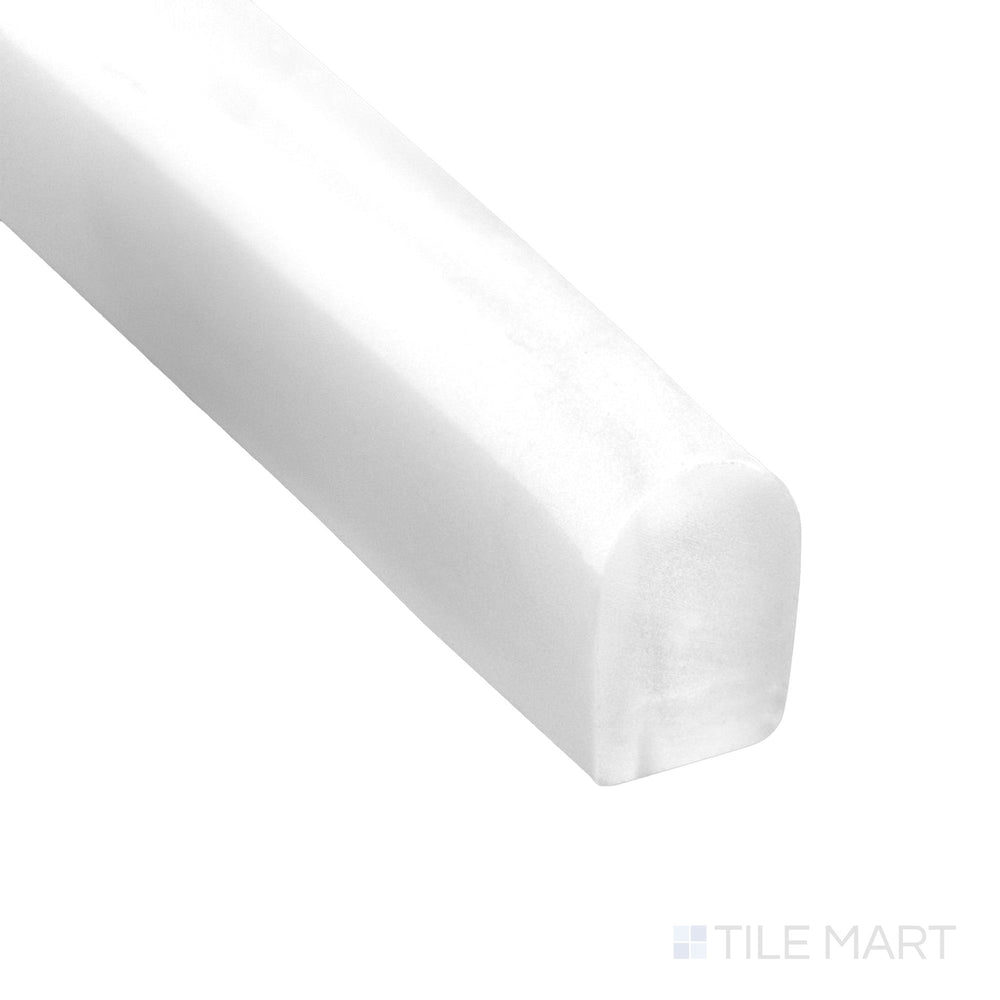 Corner detail of Bianco Dolomite Marble 0.5x12 polished mini liner highlighting sleek glossy finish and delicate veining.