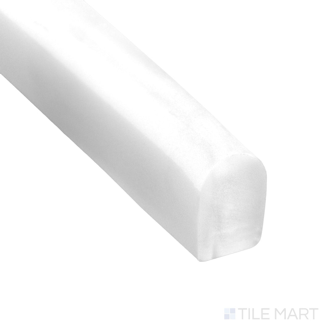 Corner detail of Bianco Dolomite Marble 0.5x12 polished mini liner highlighting sleek glossy finish and delicate veining.