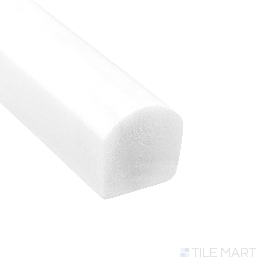 Corner detail of Bianco Dolomite Marble 0.75x12 polished standard liner highlighting glossy surface and bright tone.