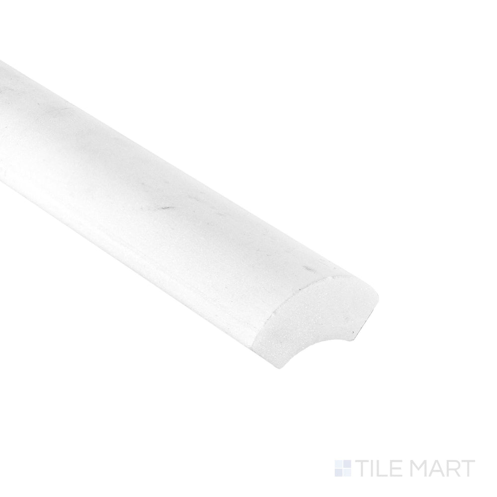 Corner close-up of Bianco Dolomite Marble 1x12 honed quarter round showing curved profile and subtle matte texture.
