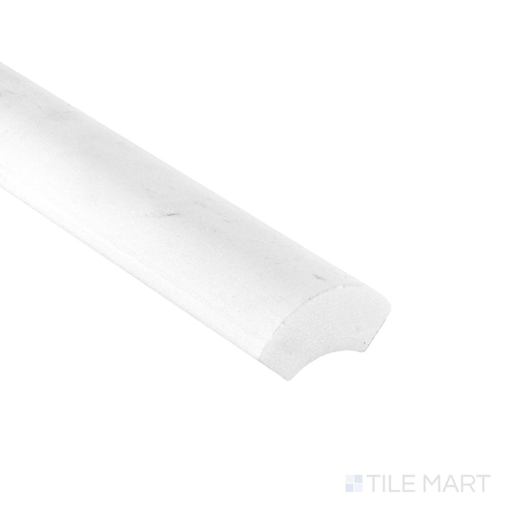 Corner close-up of Bianco Dolomite Marble 1x12 honed quarter round showing curved profile and subtle matte texture.
