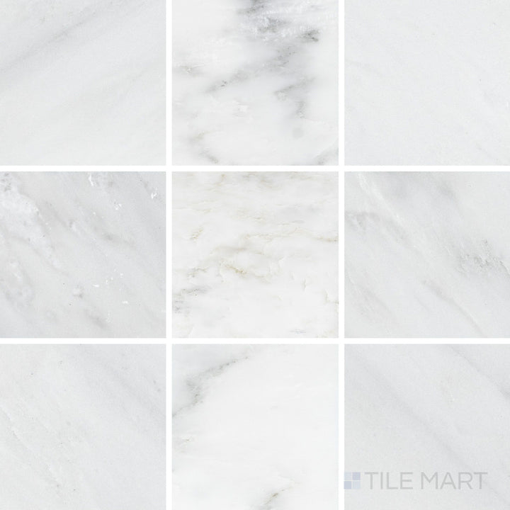 Flat-lay shot of Oriental White Marble 4x4 honed tile, offering a classic white marble look with a smooth, honed matte finish.