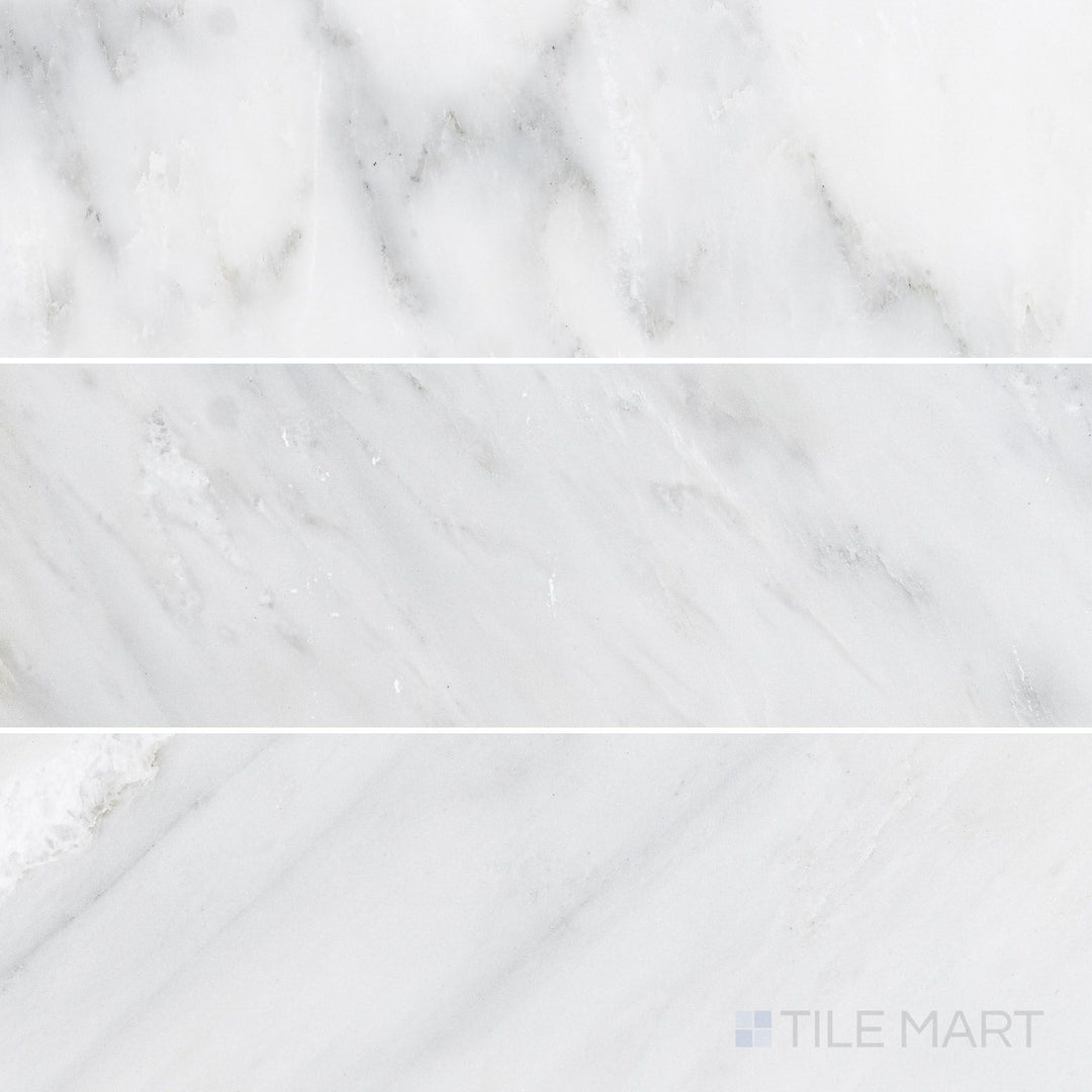 Overhead image of Oriental White Marble 4x12 honed tile, displaying a refined matte texture that complements its elongated rectangular shape.