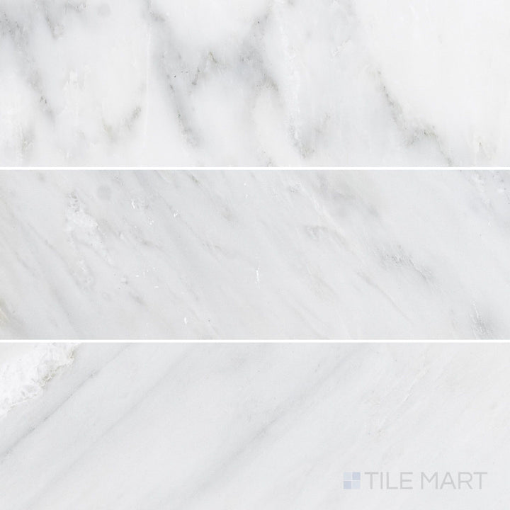 Overhead image of Oriental White Marble 4x12 honed tile, displaying a refined matte texture that complements its elongated rectangular shape.