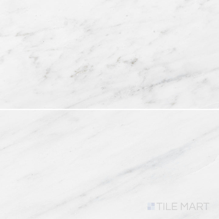 Flat-lay shot of Oriental White Marble 6x12 honed tile, showcasing a matte honed texture with soft grey veining for a timeless appeal.