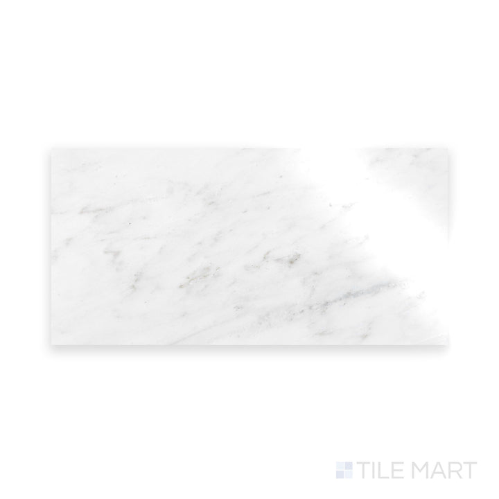 A sharp close-up of Oriental White Marble 6X12 Polished, emphasizing its lustrous finish and crisp, natural detailing.