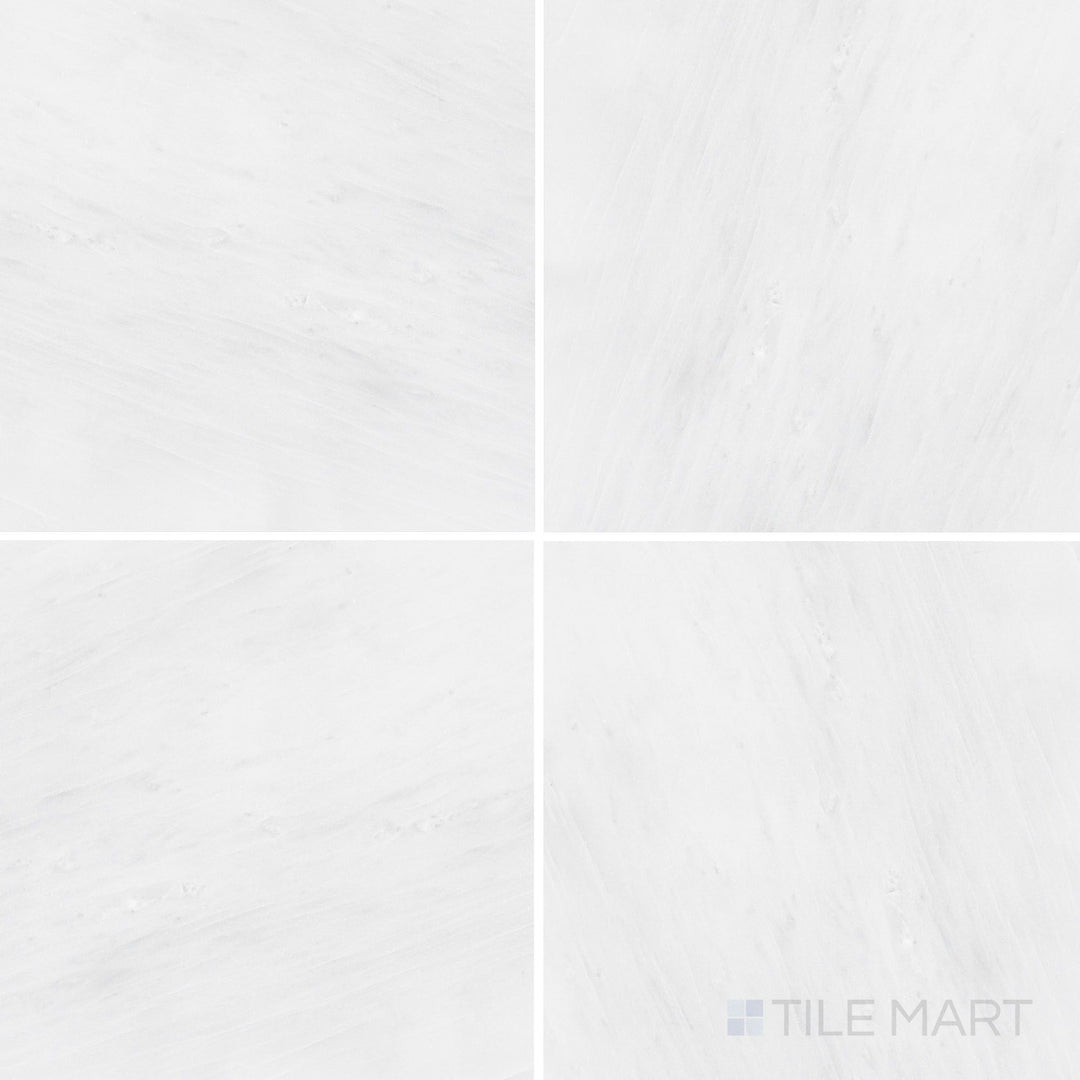 Overhead image of Oriental White Marble 12x12 honed tile, offering a classic square format with a refined honed finish.
