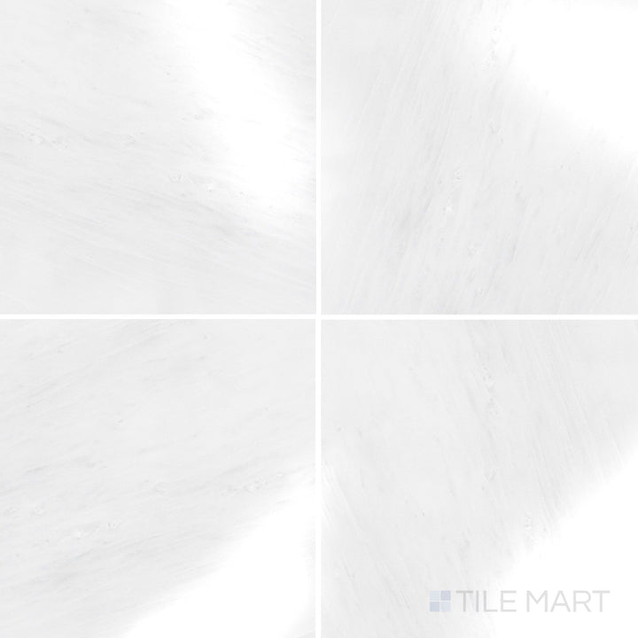 Flat-lay shot of Oriental White Marble 12x12 polished tile, showcasing a luxurious, polished surface that accentuates the veining.