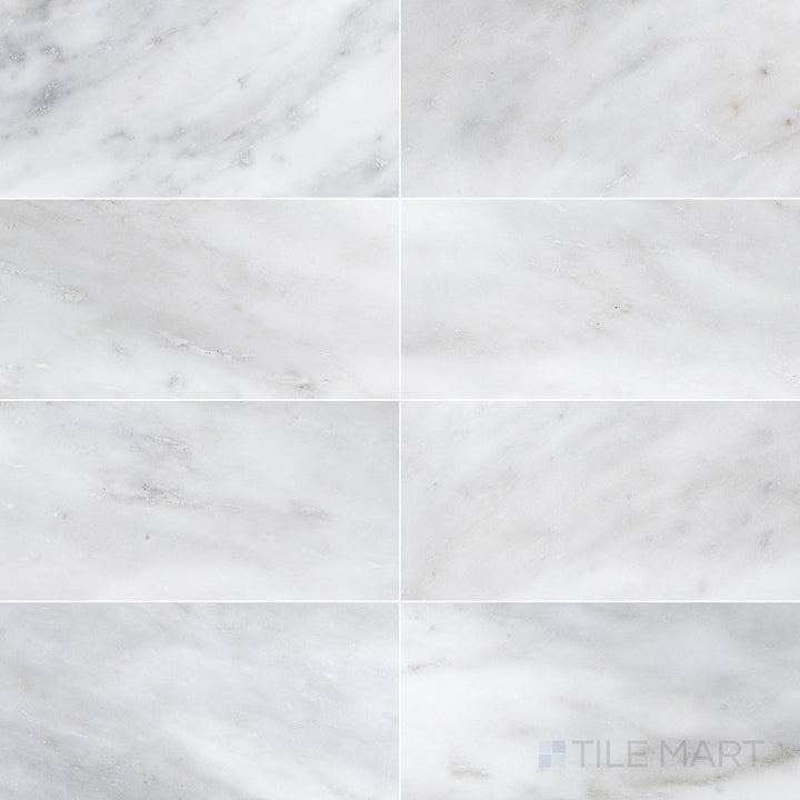 Top-down view of Oriental White Marble 12x24 honed tile, featuring a long rectangular format with a soft honed matte texture.
