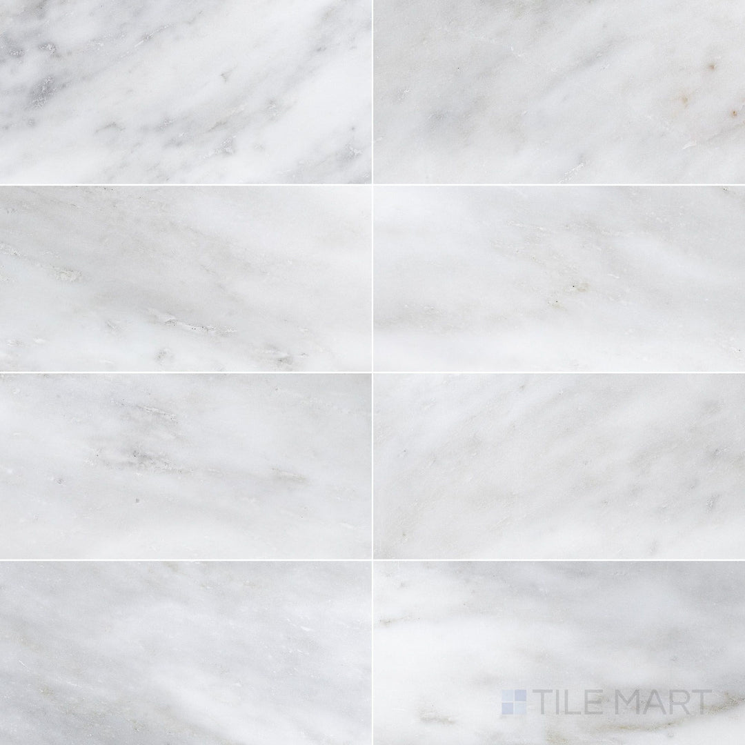 Top-down view of Oriental White Marble 12x24 honed tile, featuring a long rectangular format with a soft honed matte texture.