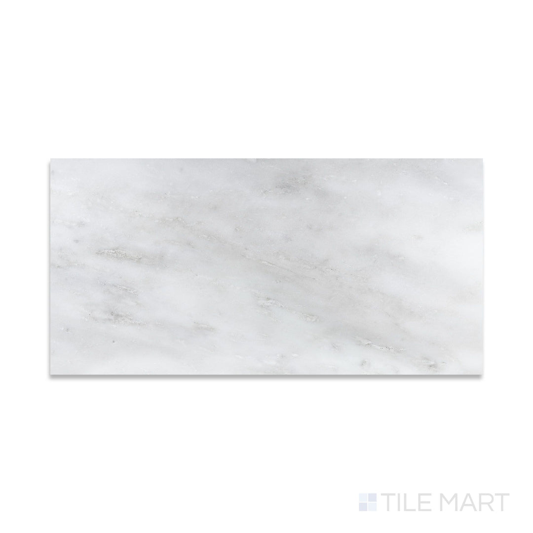 Detailed view of Oriental White Marble 12X24 Honed, accentuating its sleek and velvety honed surface.