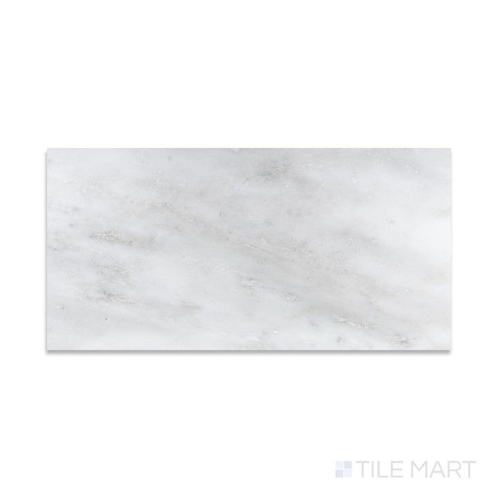 Detailed view of Oriental White Marble 12X24 Honed, accentuating its sleek and velvety honed surface.