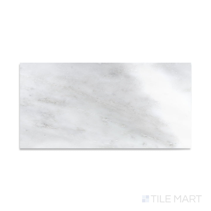 A close-up angle of Oriental White Marble 12X24 Polished, reflecting natural stone elegance with a high-shine finish.