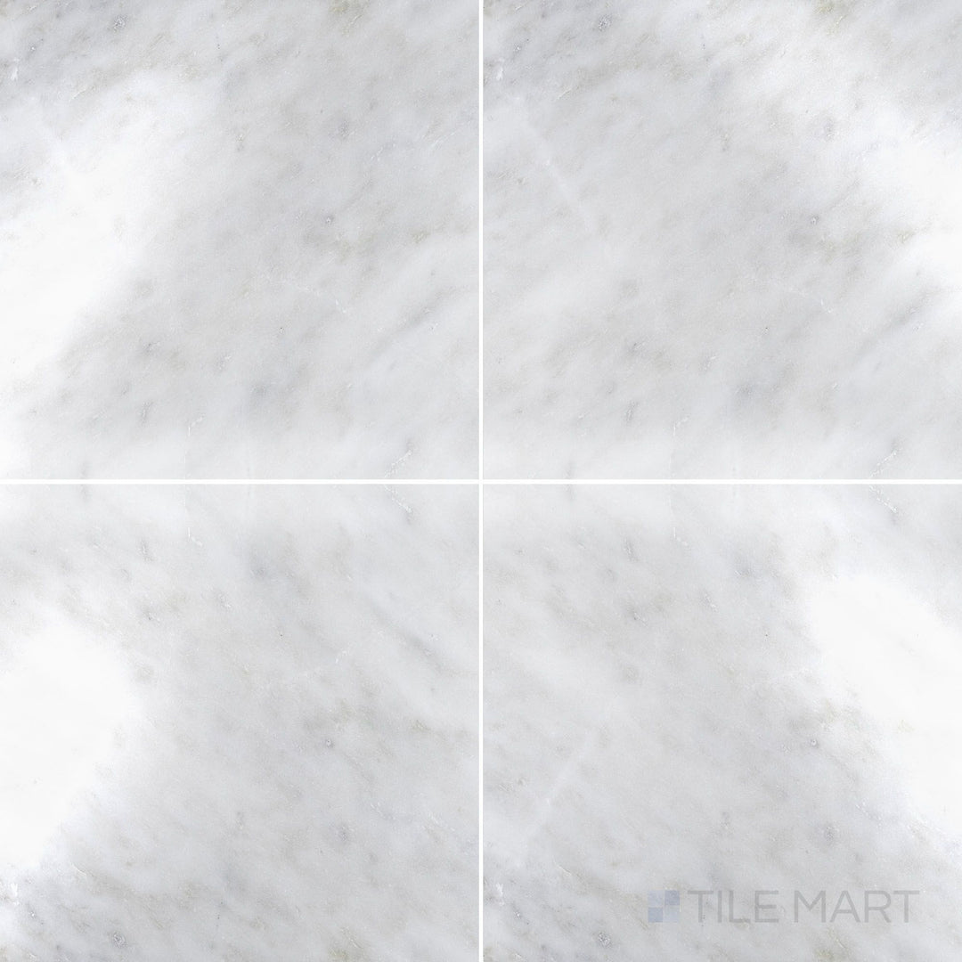 Top-view photo of Oriental White Marble 18x18 polished tile, featuring a glossy finish that enhances its luxurious appeal.