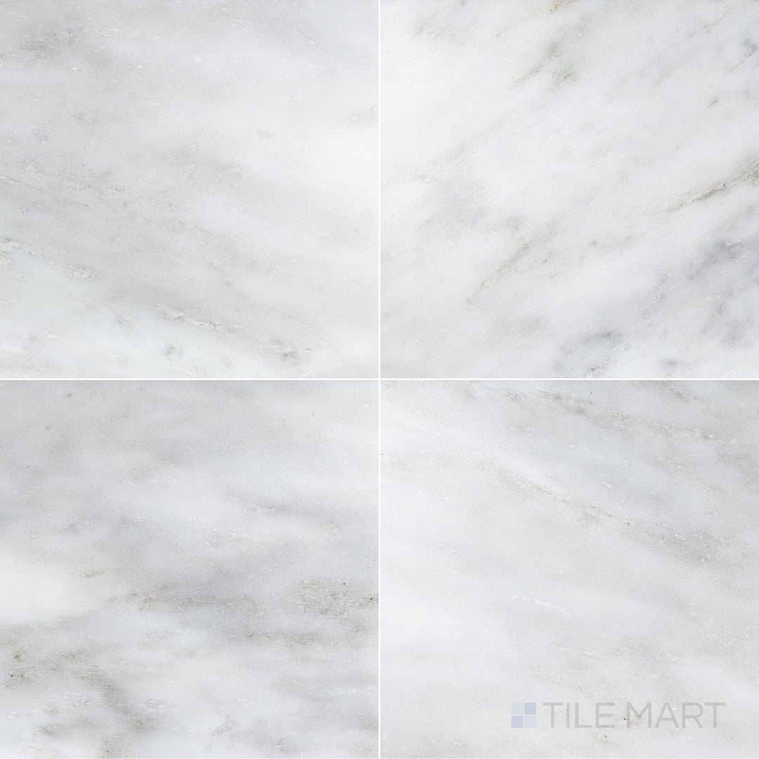 Overhead image of Oriental White Marble 24x24 honed tile, showcasing a large square format with a honed matte texture for an elegant look.