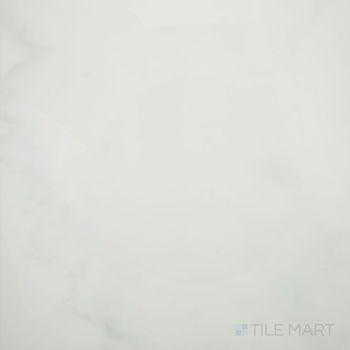 Flat-lay shot of Oriental White Marble 24x24 polished tile, offering a high-gloss surface that enhances its natural white and grey veining.