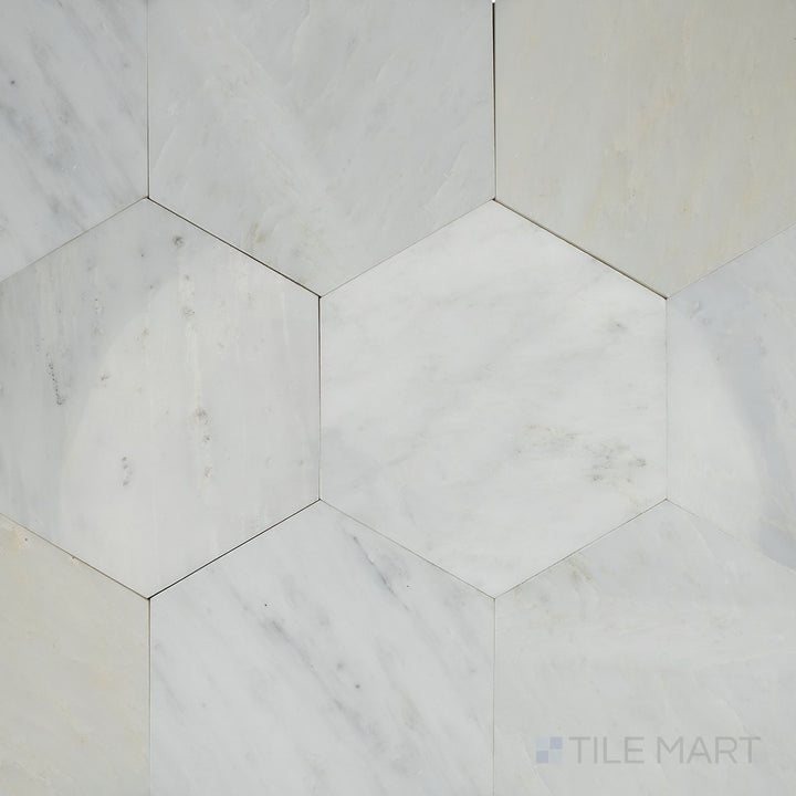 Overhead image of Oriental White Marble 6" hexagon polished tile, showcasing a glossy hexagonal design that enhances its refined aesthetic.