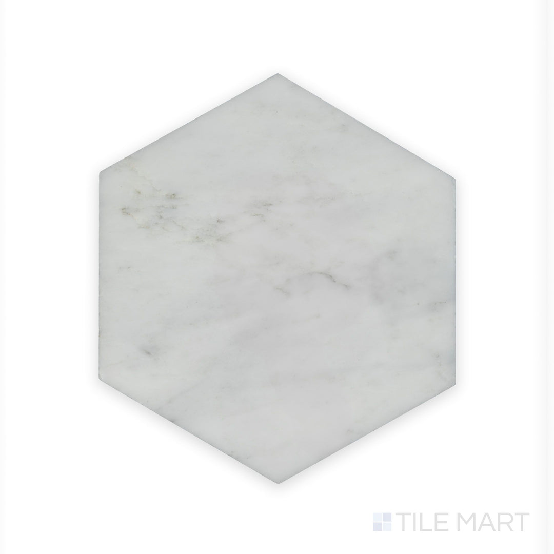 Zoomed-in detail of Oriental White Marble 6" Hexagon Polished, highlighting its glossy surface and refined texture.