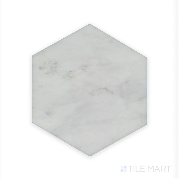 Zoomed-in detail of Oriental White Marble 6" Hexagon Polished, highlighting its glossy surface and refined texture.