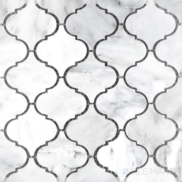 Top-down view of Oriental White Marble 3" lantern/arabesque honed mosaic, showcasing an intricate arabesque pattern with a smooth honed surface.