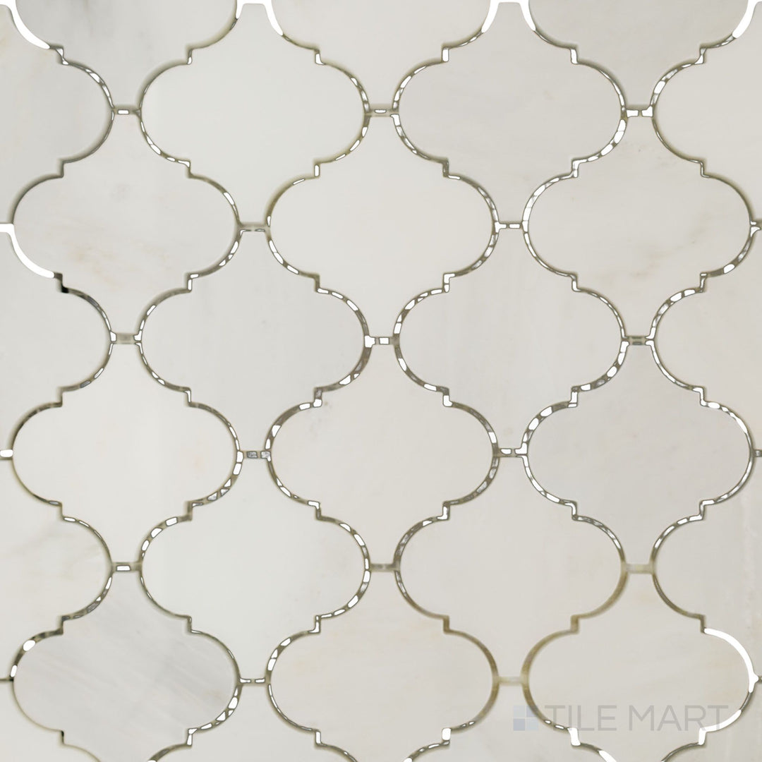 Overhead image of Oriental White Marble 3" lantern/arabesque polished mosaic, featuring a glossy finish that enhances its elegant arabesque design.