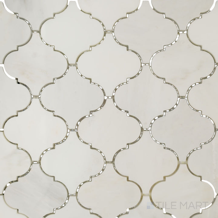 Overhead image of Oriental White Marble 3" lantern/arabesque polished mosaic, featuring a glossy finish that enhances its elegant arabesque design.