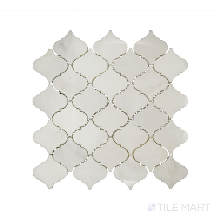 Intricate detailing of Oriental White Marble 3" Lantern/Arabesque Polished Mosaic, reflecting its classic design and high-shine surface.