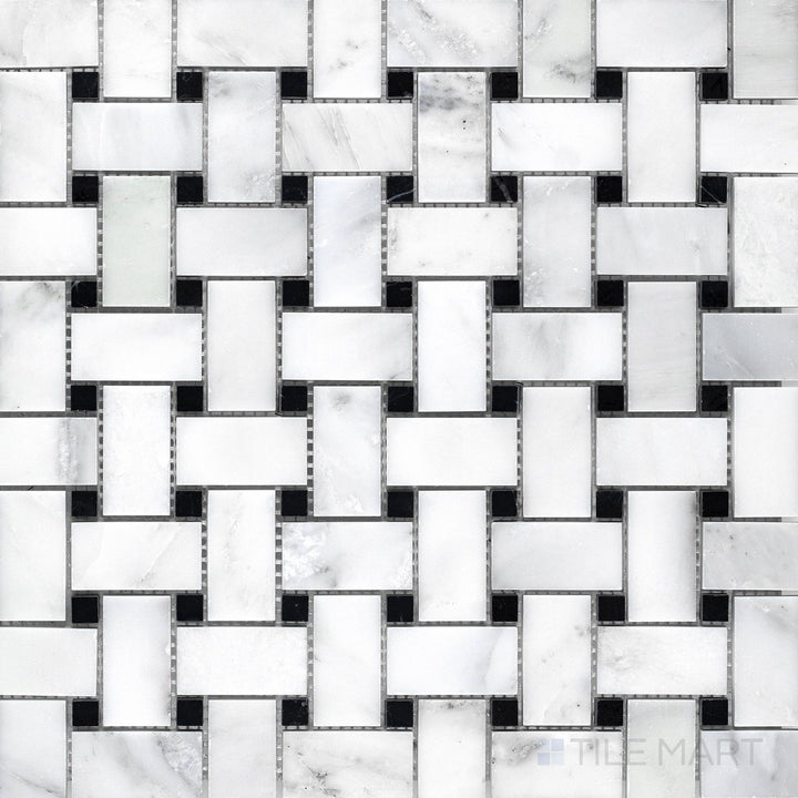Flat-lay shot of Oriental White Marble basketweave with black dot honed mosaic, displaying a classic woven pattern with subtle black accents.