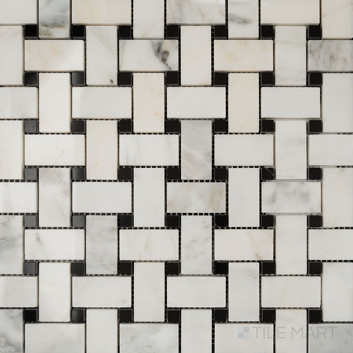 Top-view photo of Oriental White Marble basketweave with black dot polished mosaic, offering a sleek glossy finish that highlights its timeless woven pattern.