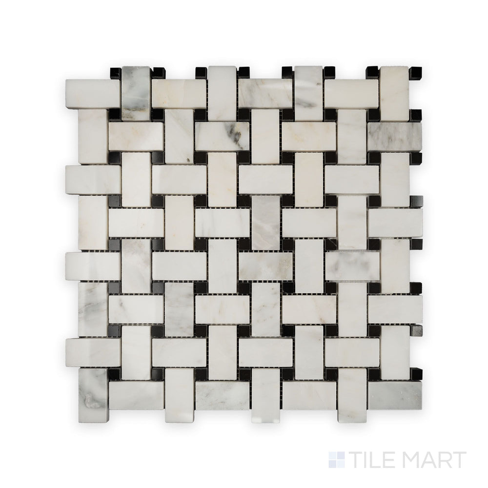 A crisp close-up of Oriental White Marble Basketweave W/ Black Dot Honed Mosaic, displaying the interwoven pattern with contrasting black accents.