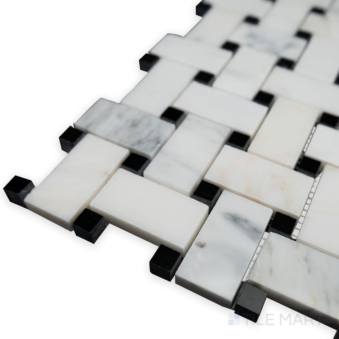 With a polished basketweave design, this corner perspective highlights the Oriental White Marble with black dot polished mosaic, offering a sleek and timeless look.
