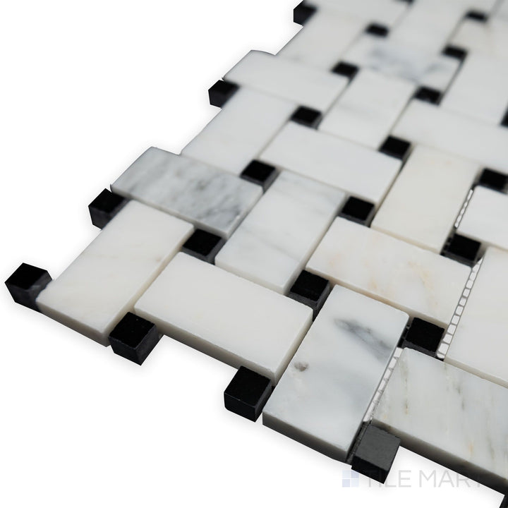 With a polished basketweave design, this corner perspective highlights the Oriental White Marble with black dot polished mosaic, offering a sleek and timeless look.