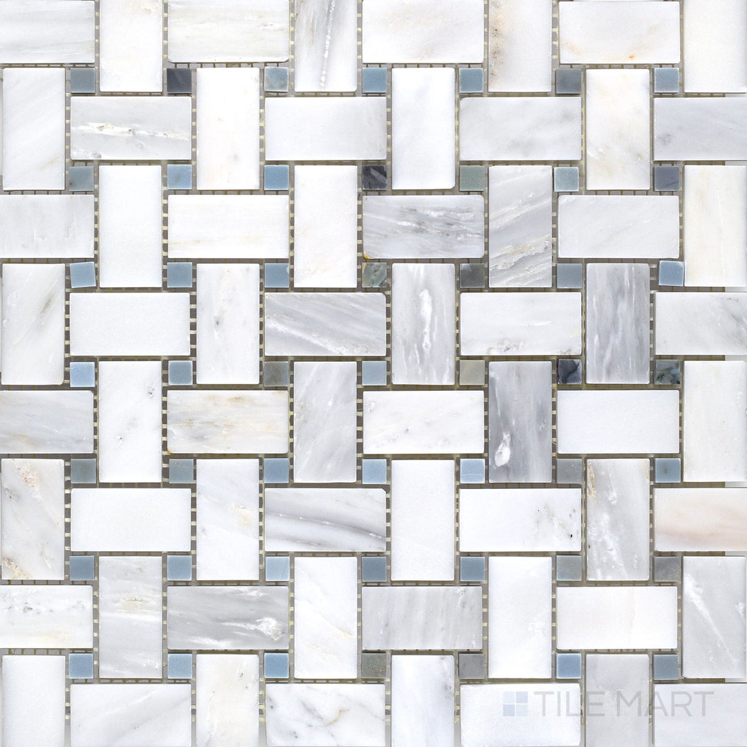 Overhead image of Oriental White Marble basketweave with blue dot honed mosaic, featuring a unique basketweave design with subtle blue accents.