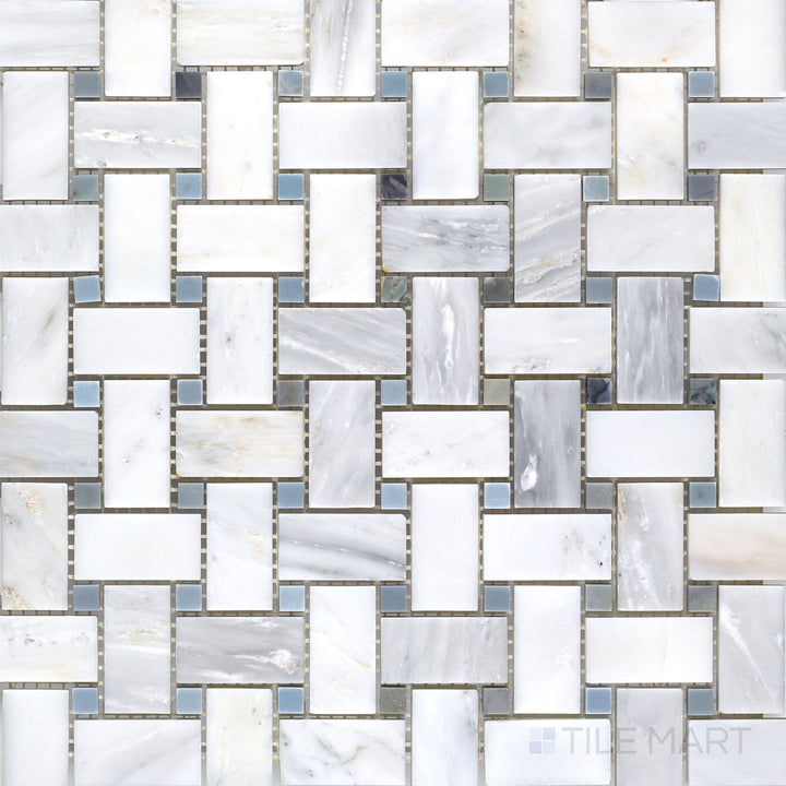 Overhead image of Oriental White Marble basketweave with blue dot honed mosaic, featuring a unique basketweave design with subtle blue accents.