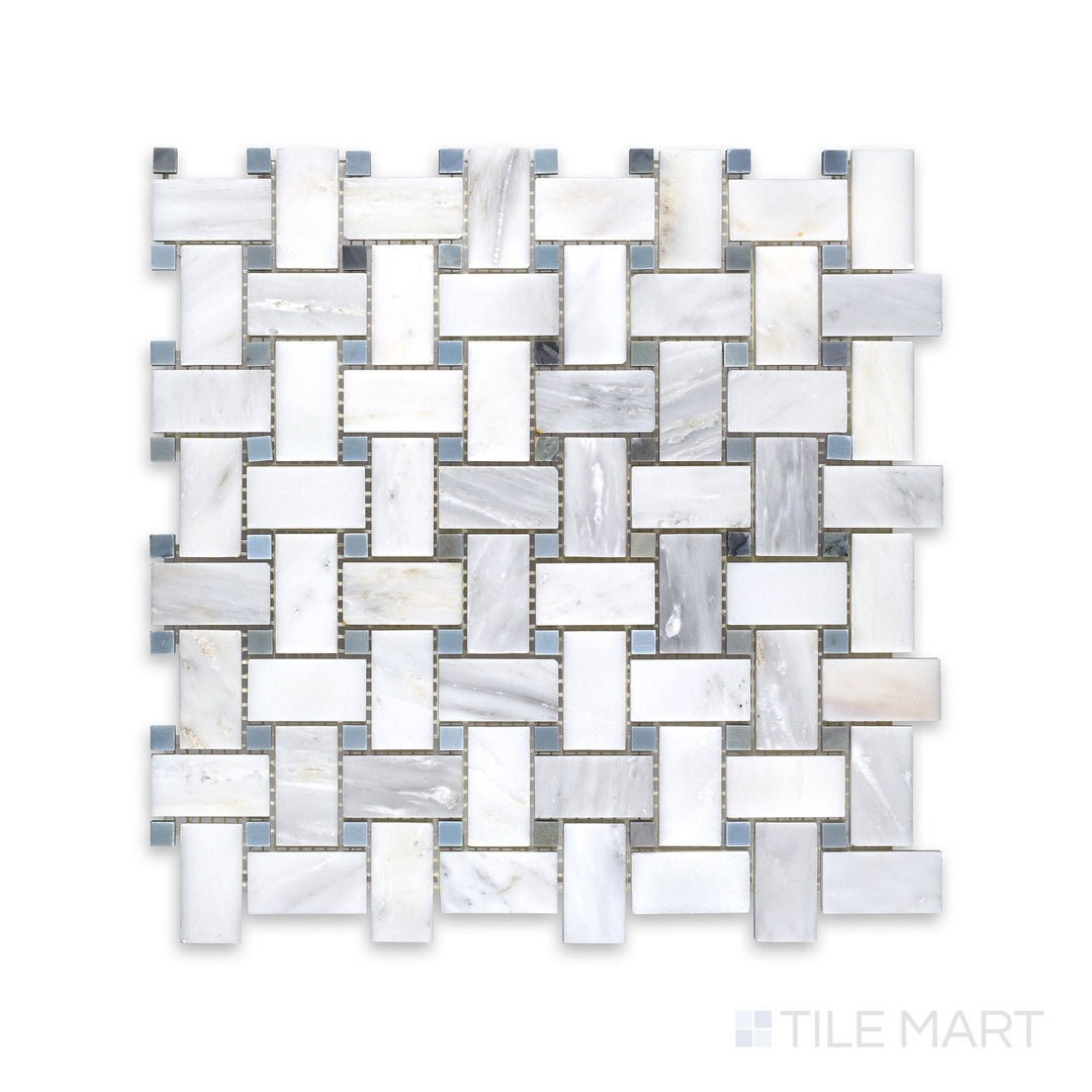 A finely detailed shot of Oriental White Marble Basketweave W/ Blue Dot Honed Mosaic, highlighting the soft honed finish and subtle contrast.