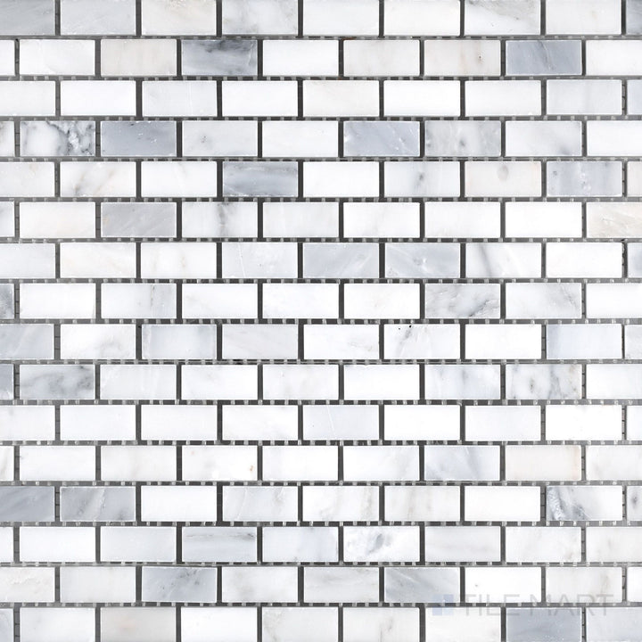 Flat-lay shot of Oriental White Marble 5/8x1-1/4 brick honed mosaic, showcasing a classic brick layout with a soft matte finish.