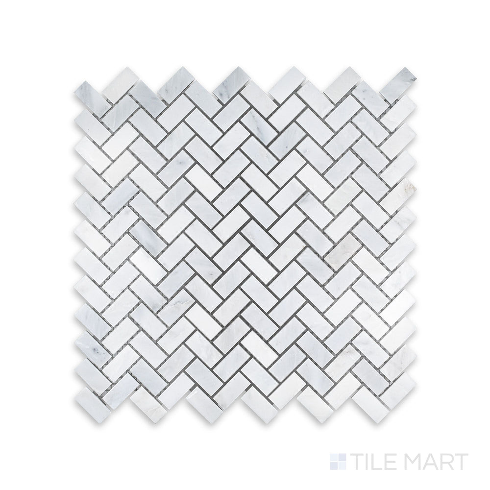 Zoomed-in detail of Oriental White Marble 5/8X1-1/4 Herringbone Honed Mosaic, highlighting its delicate texture and soft matte finish.
