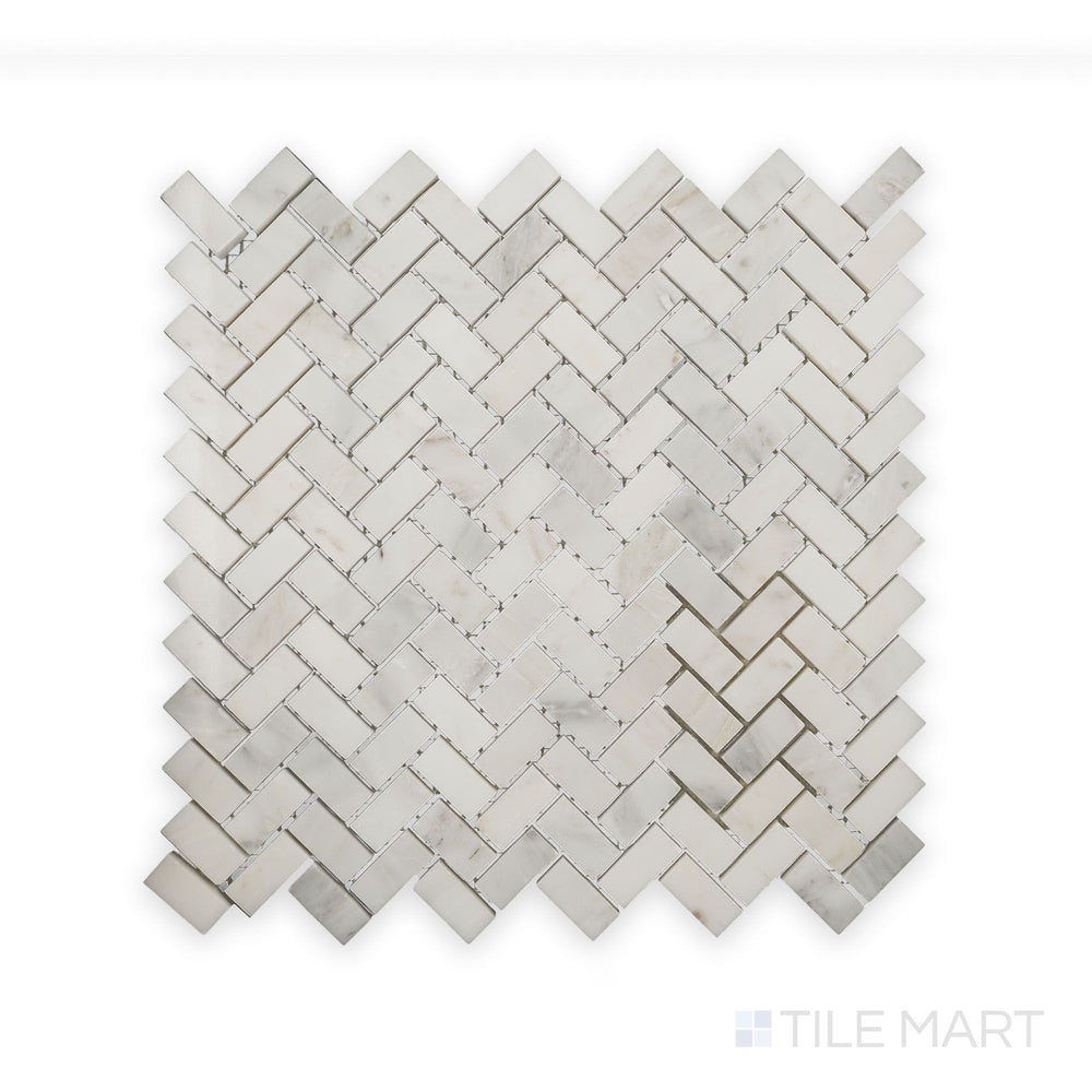 A finely detailed look at Oriental White Marble 5/8X1-1/4 Herringbone Polished Mosaic, featuring a smooth surface and crisp, interwoven layout.