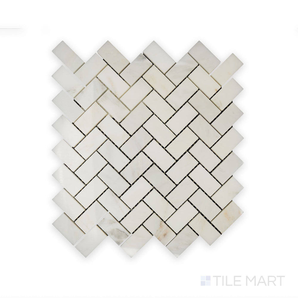 Intricate detail of Oriental White Marble 1X2 Herringbone Polished Mosaic, displaying its sleek finish and classic interlocking pattern.