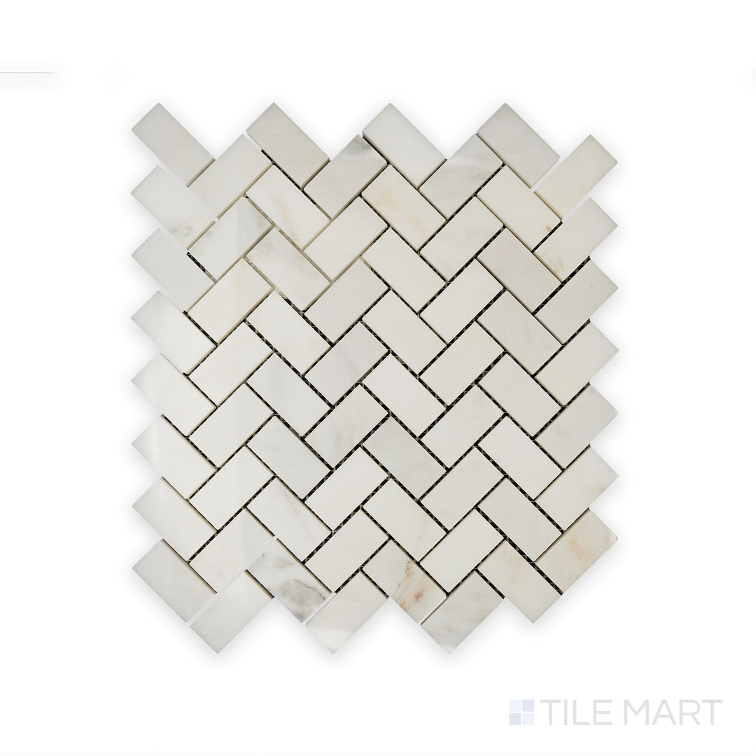 Intricate detail of Oriental White Marble 1X2 Herringbone Polished Mosaic, displaying its sleek finish and classic interlocking pattern.
