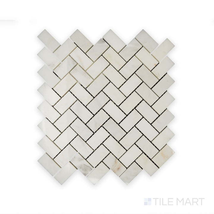 Intricate detail of Oriental White Marble 1X2 Herringbone Polished Mosaic, displaying its sleek finish and classic interlocking pattern.