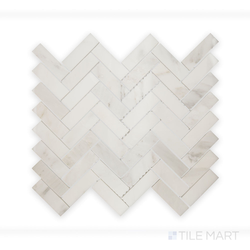 A close-range capture of Oriental White Marble 1X3 Herringbone Polished Mosaic, highlighting its reflective surface and precise craftsmanship.
