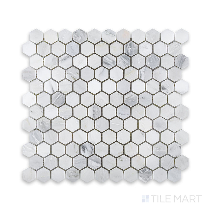 A sharp close-up of Oriental White Marble 1" Hexagon Honed Mosaic, capturing the fine details of its matte hexagonal design.